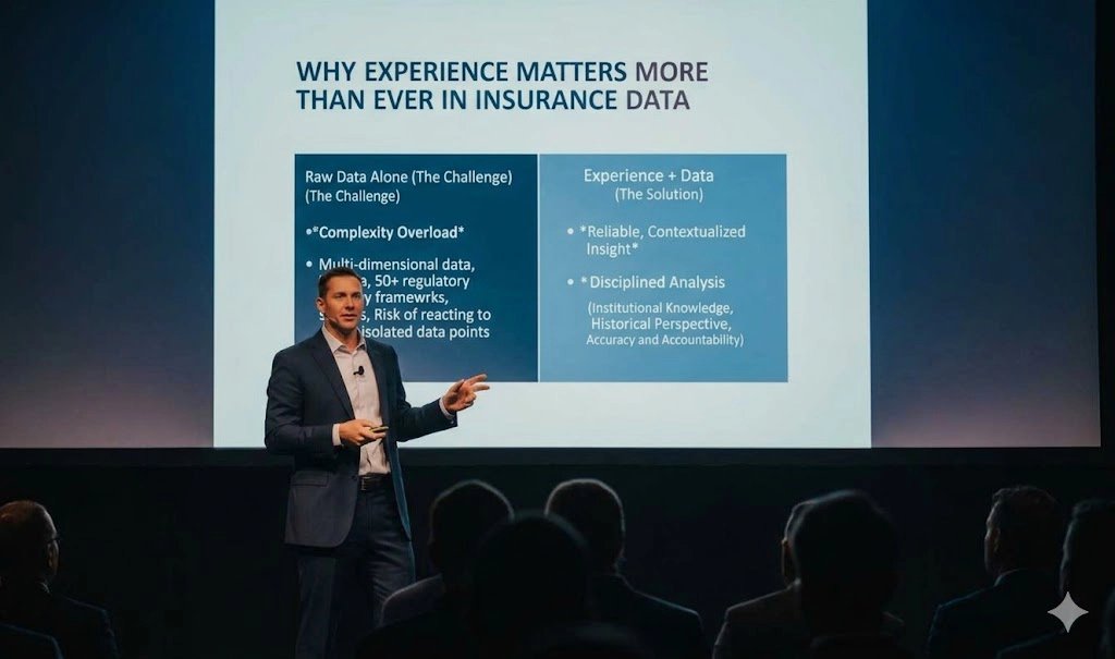 Presentation on Data Insurance Experience highlighting why experience matters in insurance data, comparing raw data challenges vs. contextualized insights