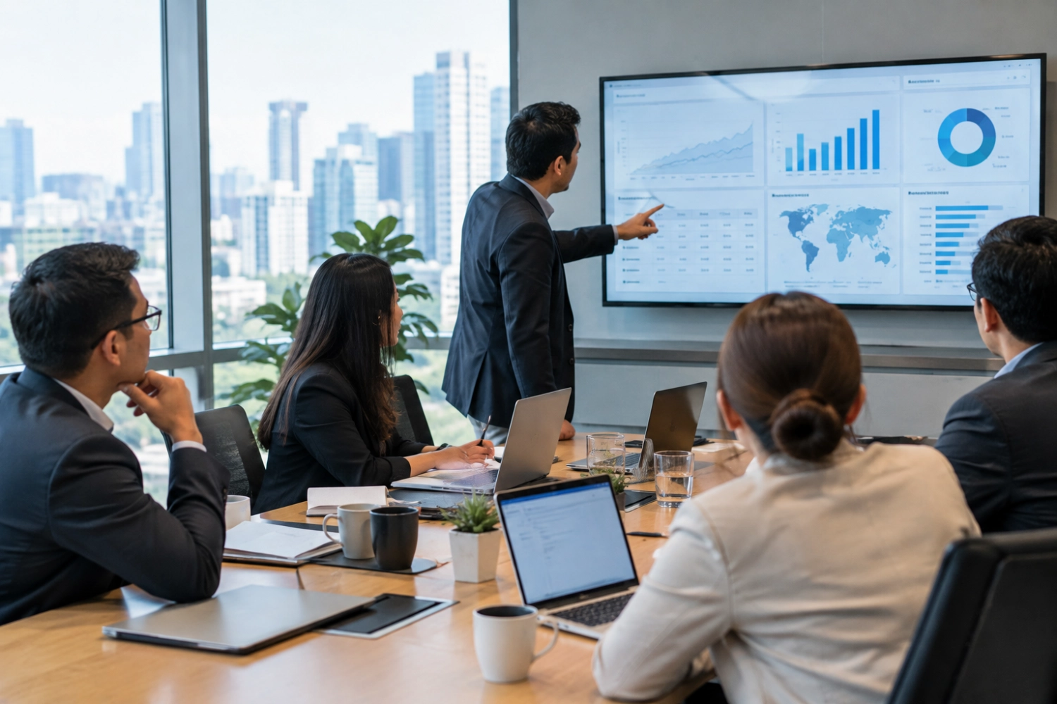 Insurance analysts reviewing data governance and compliance dashboards in a conference room