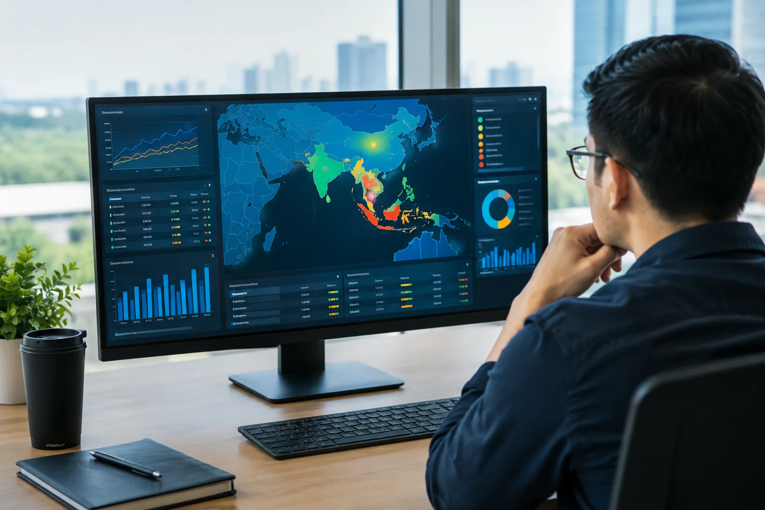 Business analyst reviewing regional insurance pricing data on a digital map dashboard